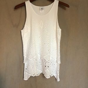 CAbi # 5723 Frolic Top White Eyelet Lace  sleeveless layered top Women’s XS